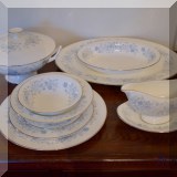 P35. Set of 65 Wedgwood Belle Fleur china set including 13 dinner plates, 12 salad plates, 12 soup bowls, 4 cereal bowls, 6 bread and butter plates, 14 saucers, gravy dish and plate, serving bowl and covered serving dish and platter. - $225 